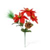 Dekorácia poinsettia – s 3 kvetmi a šiškou – tmavočervená – 34 cm