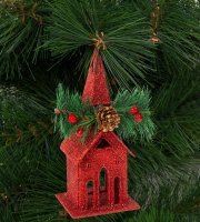 Vianočný trblietavý kostol s vešiakom - 16 x 6,5 cm - červený