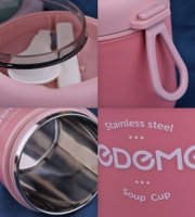 Nerezová termoska na jedlo s rozkladateľnou lyžičkou v ružovej farbe