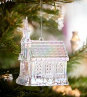 Vianočná ozdoba - irizujúci, akrylový kostol - 75 x 100 x 60 mm