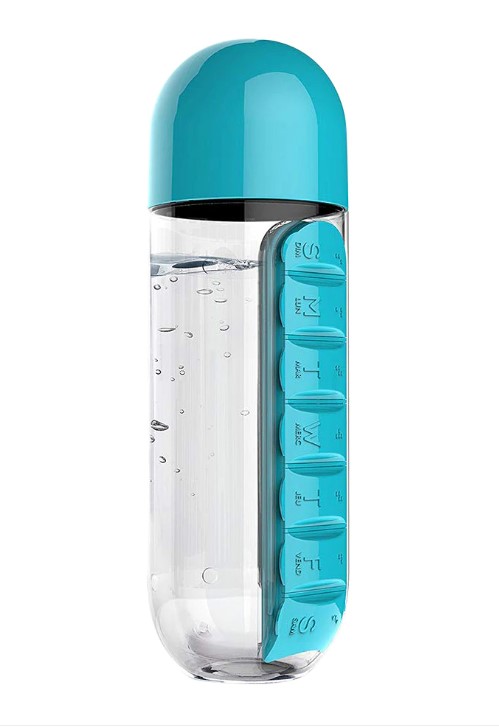 Plastová fľaša na vodu s týždenným dávkovačom liekov 600 ml - viac farieb