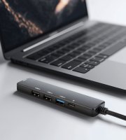 Multifunkčný USB hub - HDMI + Type-C 3.0 - 3xUSB-A, 1xType-C - 5 Gbps, 100 W - čierny