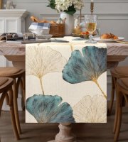 Modro-zeleno-zlatý stolový behúň s vzorom Ginkgo listov