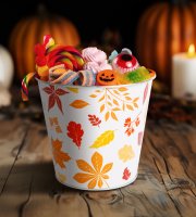 Jesenná dekorácia - kovový vedro - s listami - 15 x 13,7 cm