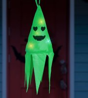 Halloween osvetlená dekorácia - duch - zelená - 10 farebných LED - zavesiteľné - 2 x 2032 - 75x20 cm