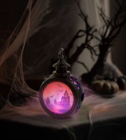 Halloweenska svetelná dekorácia - hrad - závesná - LED - 8,5 x 13,5 cm