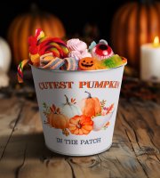 Jesenná dekorácia - kovový vedro - s tekvicami - 15 x 13,7 cm