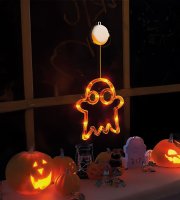 Svietiaca halloweenska dekorácia, duch, s prísavkou, 12 LED, 20 x 18,5 cm, 3 x AAA  