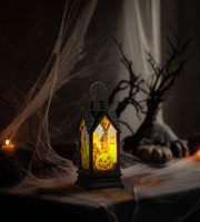 Halloweenová svetelná dekorácia - tekvica - žltá LED - 17,5 x 6,3 x 6,3 cm - 3 x LR44