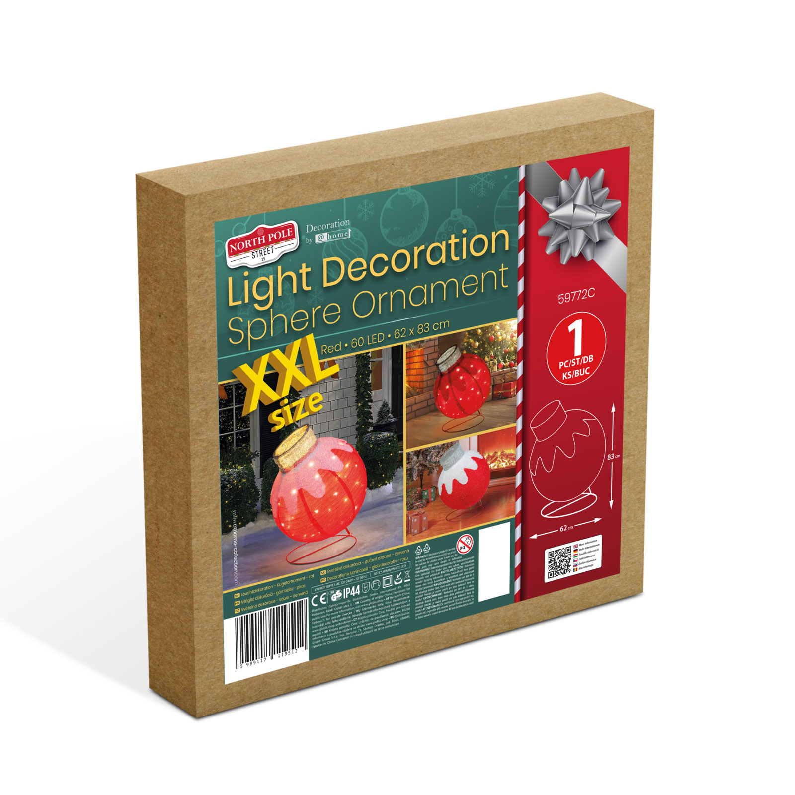 Svetelná dekorácia – guľová ozdoba – 60 LED – 60 x 83 cm – červená – 100–200 V AC