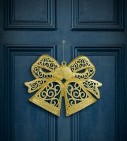 Vianočná dekorácia, mašľa, závesná, s trblietkami, zlatá, 35 cm