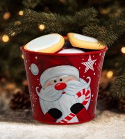 Vianočná dekorácia - kovový kvetináč, vedierko - Santa - 13 x 11 cm