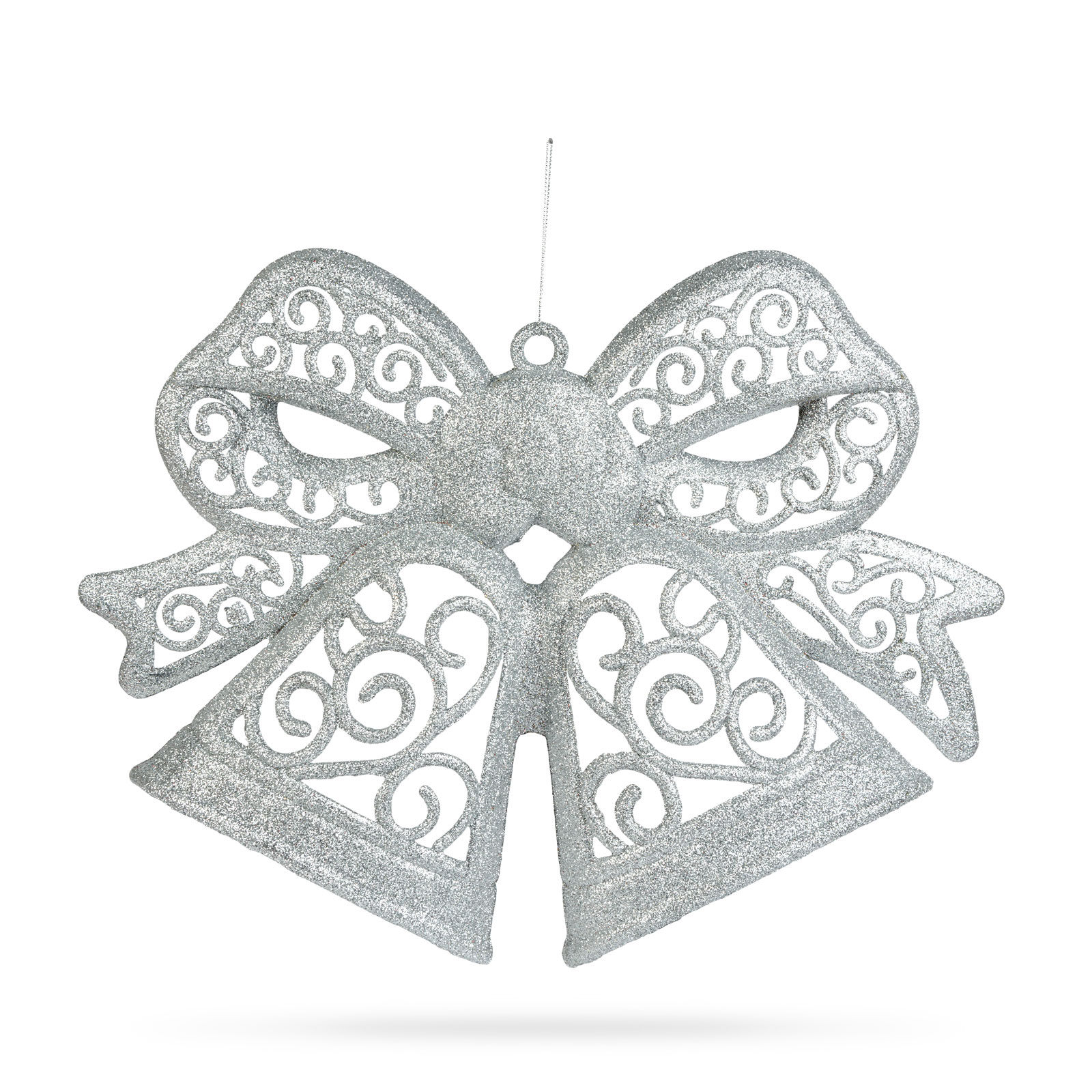 Vianočná dekorácia – mašľa – závesná – strieborná – 35 cm