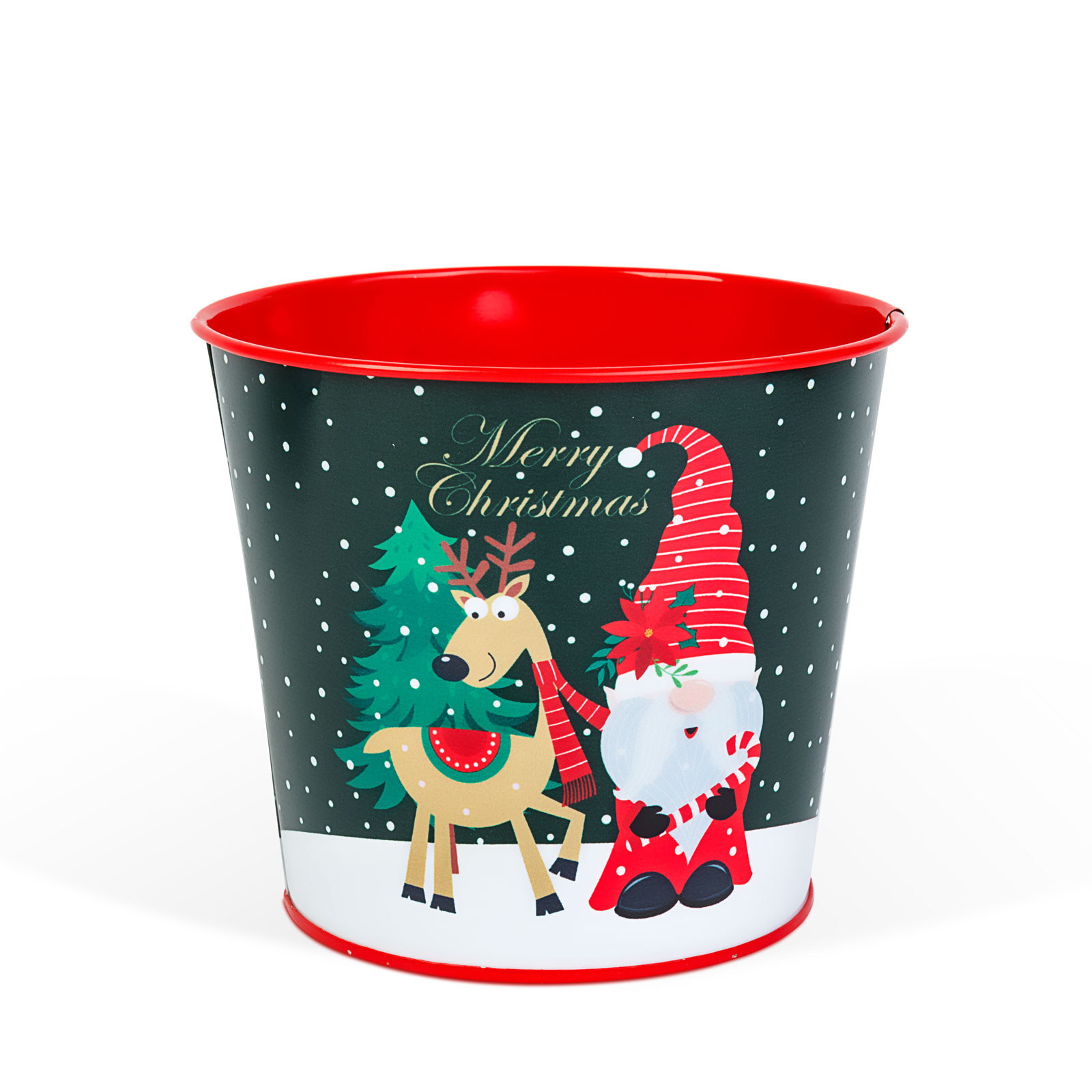 Vianočná dekorácia - kovový kvetináč, vedierko - škriatok - 13 x 11 cm