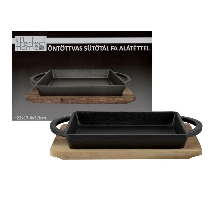 Liatinová hranatá zapekacia misa s drevenou podložkou