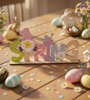 Jarná ležiaca stolová dekorácia z dreva - so škriatkom