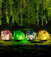 Zapichovacia solárna lampa – tvar kameňa – farebná – 140 x 120 x 120 mm – teplá biela LED