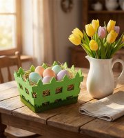 Veľkonočná dekorácia - filcový košík - v tvare plota - 19,5 x 13,2 x 11,7 cm