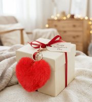 Prívesok na kľúče - v tvare srdca - plyš, červený - 13 x 10 cm