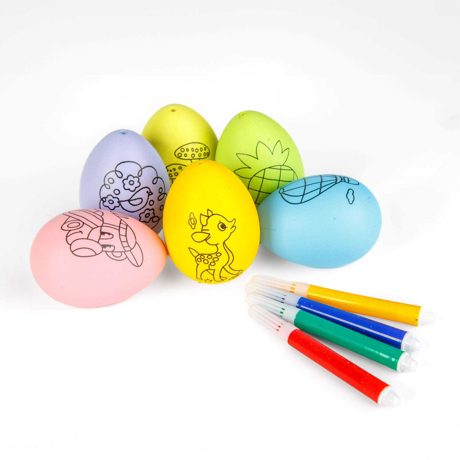 Veľkonočné maľovateľné vajíčka so 4 fixkami – 6 farebných vajíčok – 6 cm