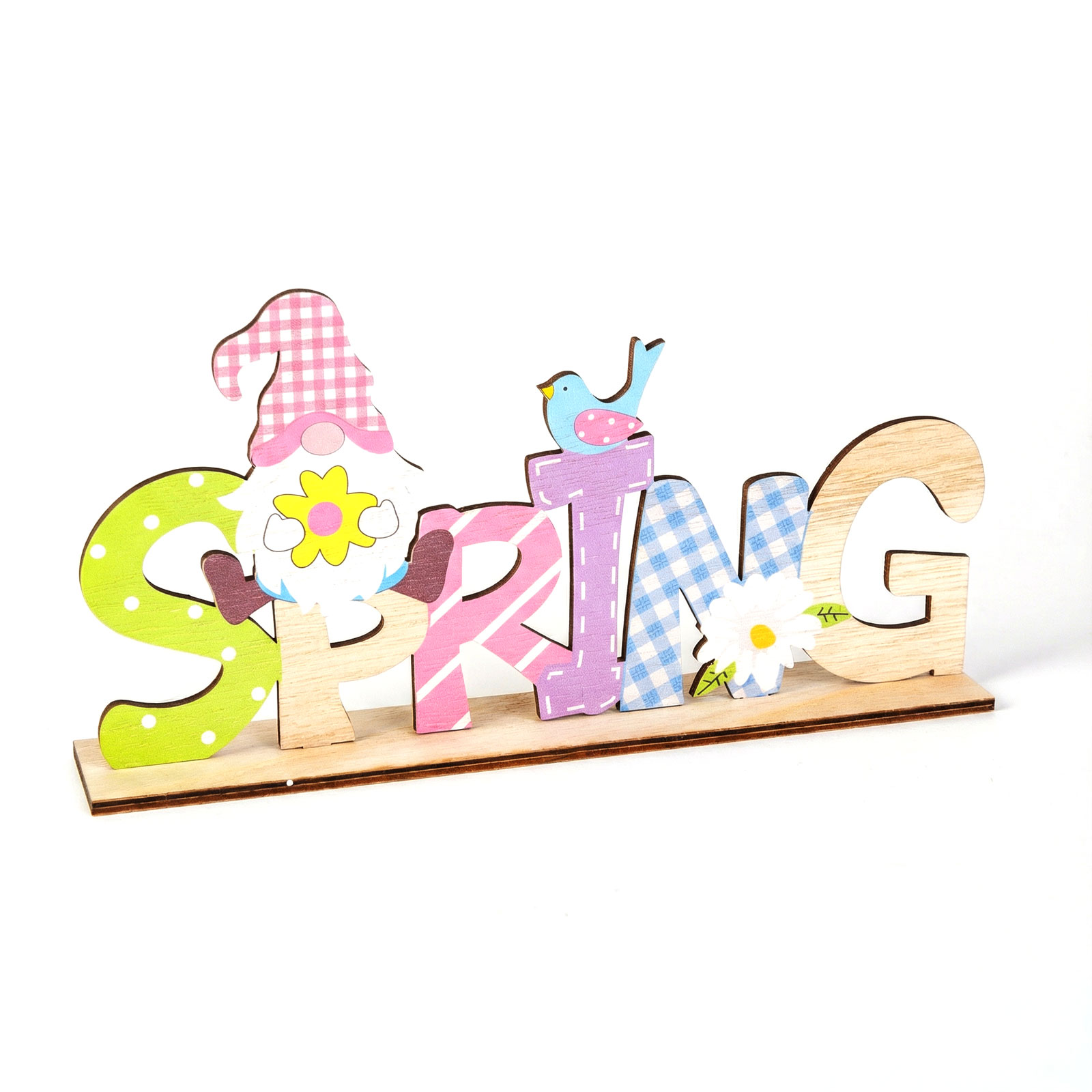 Jarná ležiaca stolová dekorácia z dreva - so škriatkom