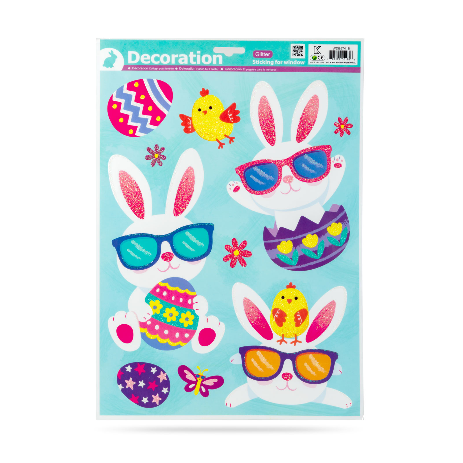 Veľkonočná okenná nálepka – trblietavý zajačik – 43 x 30 cm