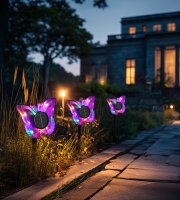 Zapichovacia solárna lampa – motýľ – fialový – 13 x 6,5 x 35 cm – teplá biela + farebné LED