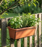 Držiak na truhlík - kov, čierny - na zábradlie - 40 x 22 cm