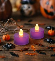 Halloweenová svietiaca dekorácia - LED čajová sviečka - fialová - 2 ks / balenie