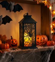 Halloweenová blikajúca lampáš - pavúk - na batérie - čierna - 30 x 14 cm