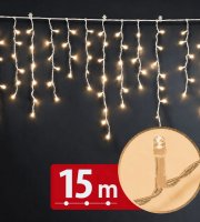 Svetelný záves – 15 m – teplá biela – 600 LED – 100–240 V – 6 W – priehľadný kábel